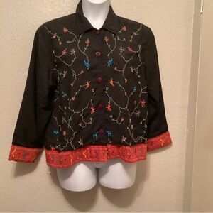 New Directions Black Jacket with Colorful Embroidery and Red Accents